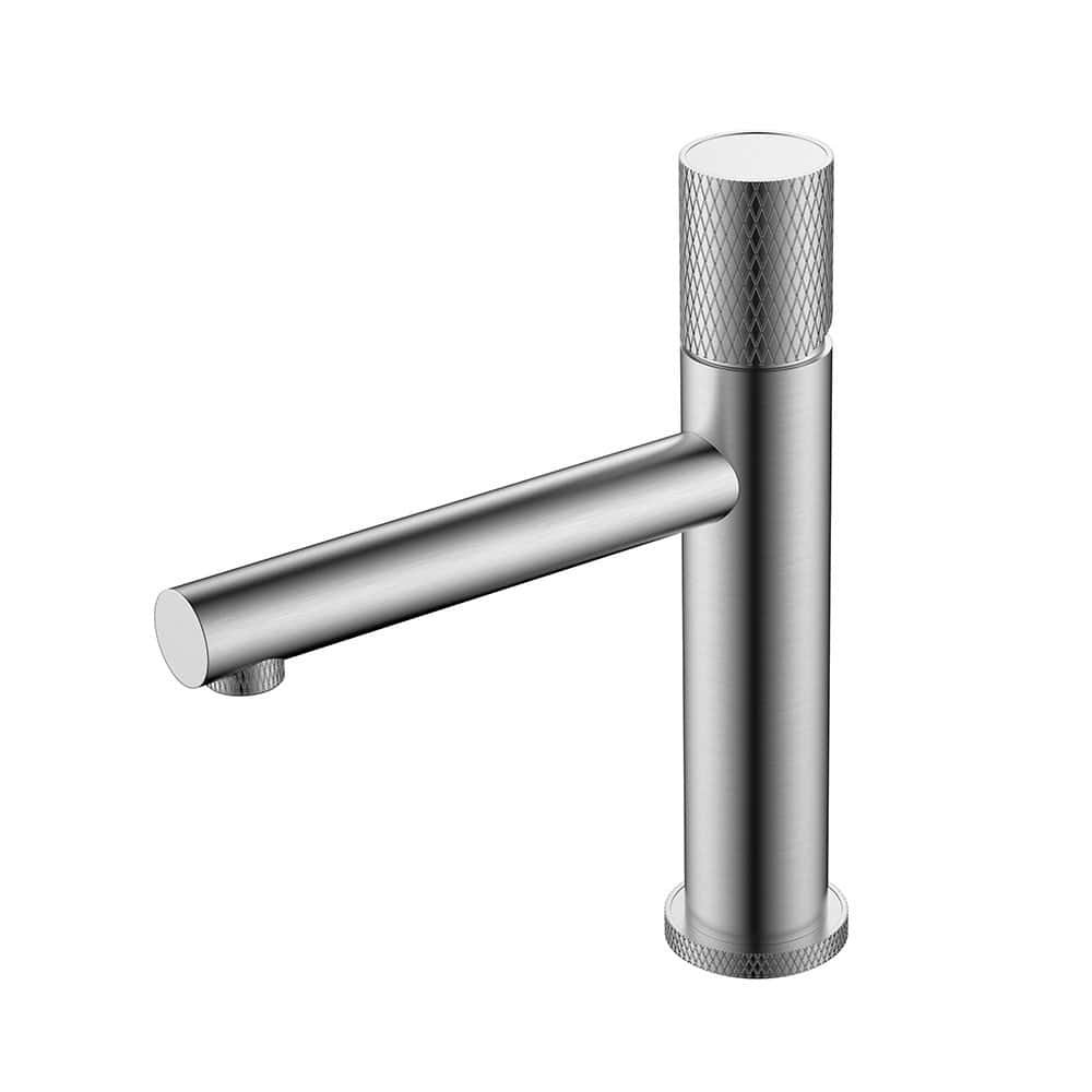 Stainless steel round basin mixer tap with knurling handle | B703B 01 16 2 - Brushed steel