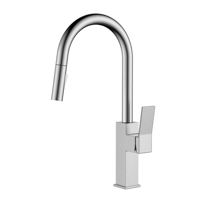 Stainless steel pull down kitchen faucet with square body and round tube | K165 01 16 2 - Brushed steel