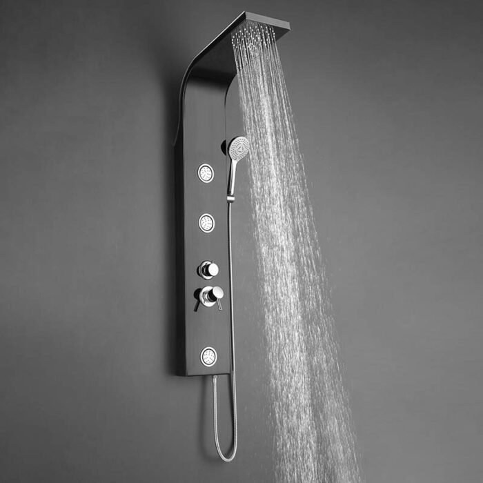 Matt black shower towel panel with bath spout and body jet | SL906O 13