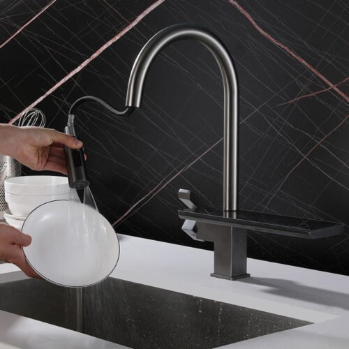 Chrome & Black wall mounted wash basin tap with knurling pattern | B743 28