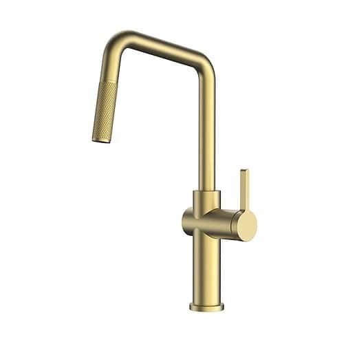 Stainless steel U shaped kitchen faucet with knurling sprayer | K759D 01 43 2 - brushed gold