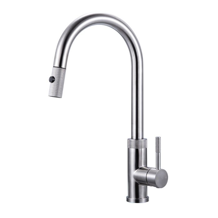 Stainless steel pull down sink faucet with knurling pattern | K749 01 16 2 - brushed steel finish