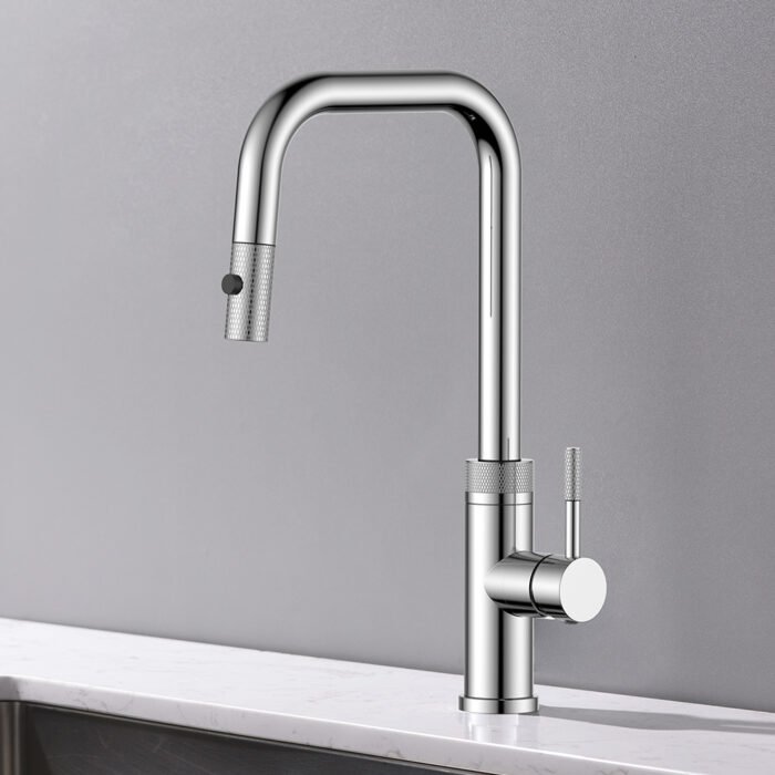 Stainless steel single handle pull down kitchen faucet with knurling pattern | K750 01 16 2 - brushed steel