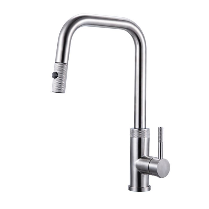 Stainless steel single handle pull down kitchen faucet with knurling pattern | K750 01 16 2 - brushed steel