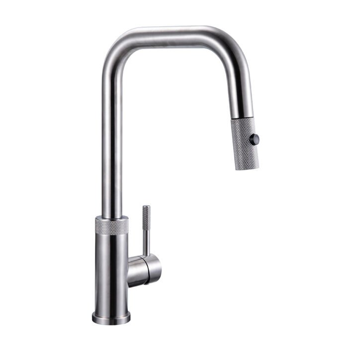 Stainless steel single handle pull down kitchen faucet with knurling pattern | K750 01